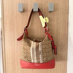 Vintage Coach Signature Stripe Hobo Bag Red Leather Trim Style 19918